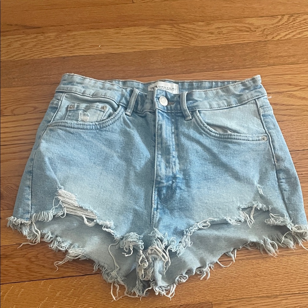 Zara Light Blue High Rise Denim Shorts